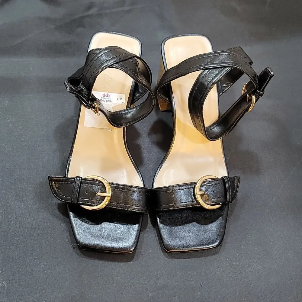 NEW SODA Square Open Toe Metal Buckle Sandals Satacked Low Heel SANDAL